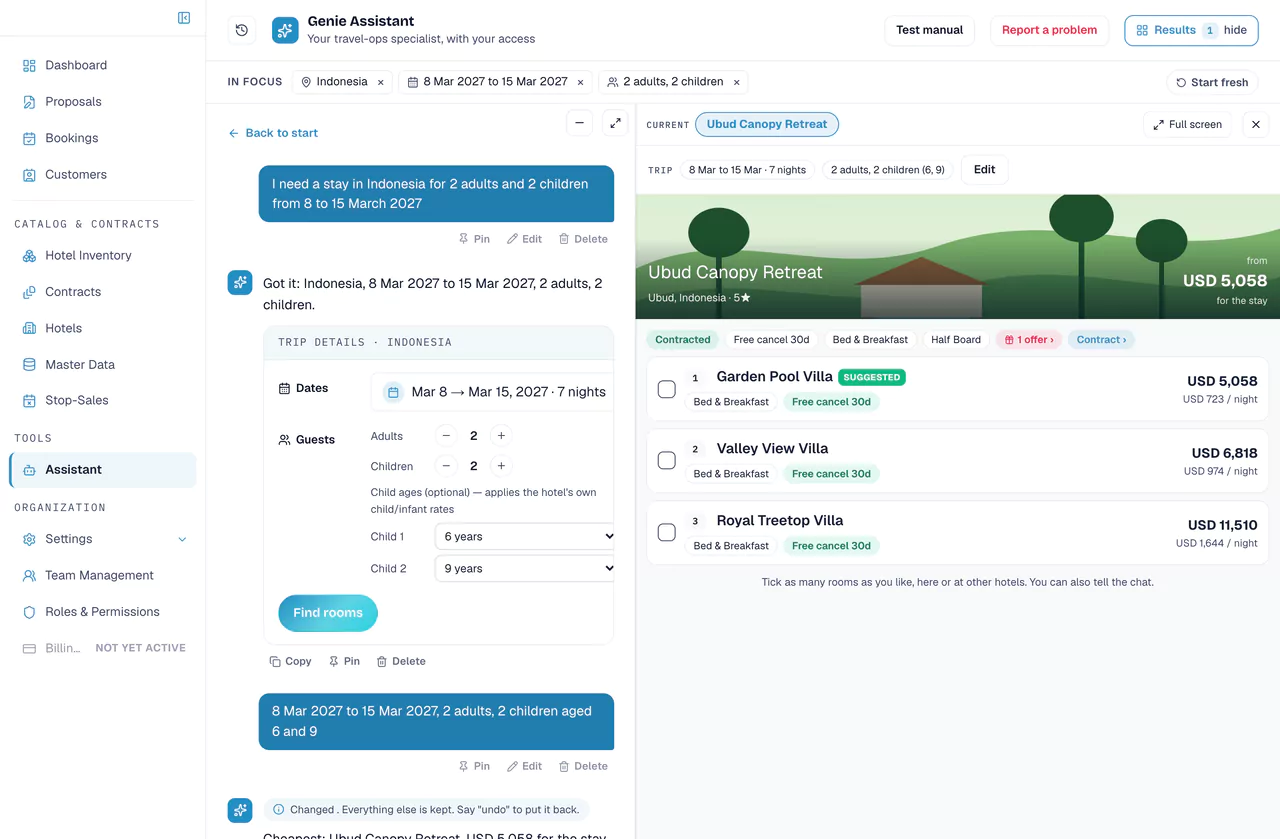 The assistant answering a stay request: trip details collected, then priced villa options from approved contracts with a button to continue.
