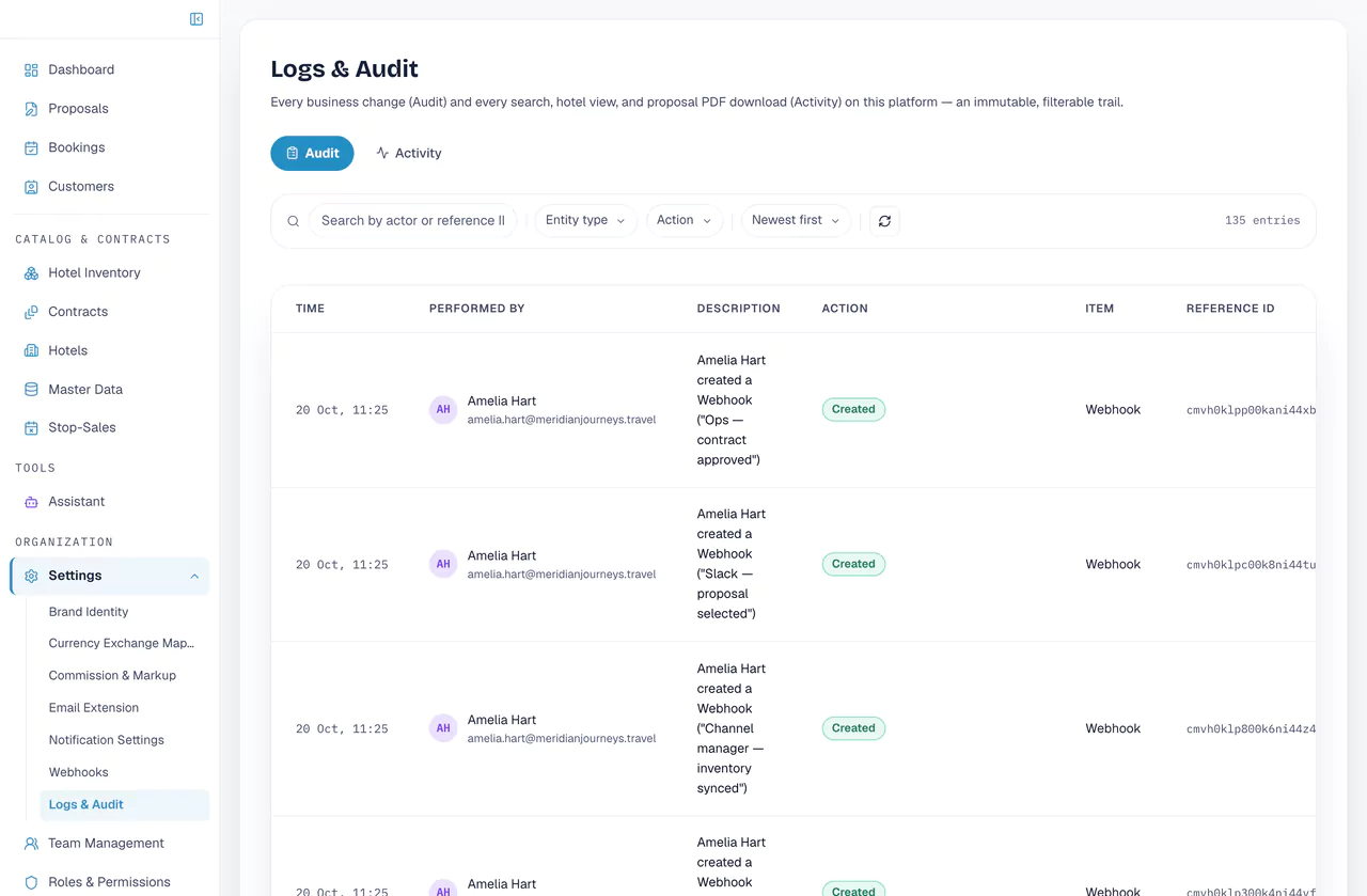 Logs and audit: entries with time, who performed the action, what changed and on which record.