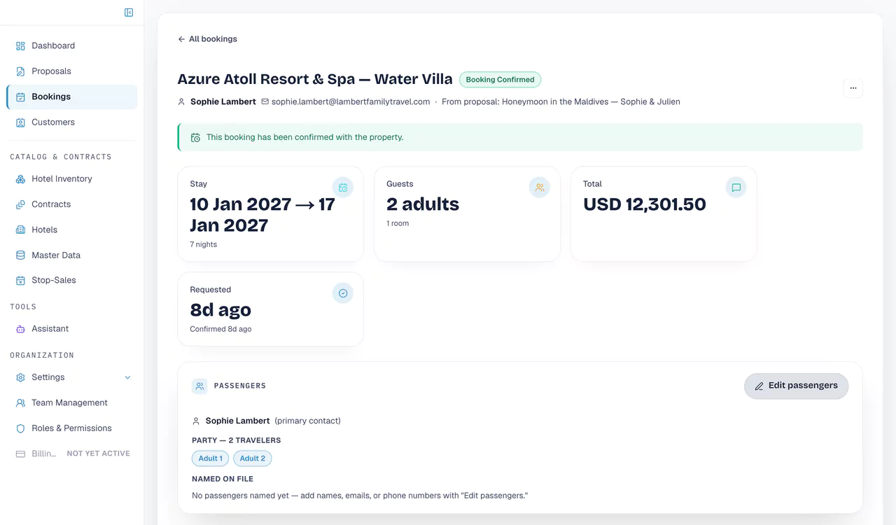 A confirmed booking: stay dates, guests, total, the request date and the named passengers.