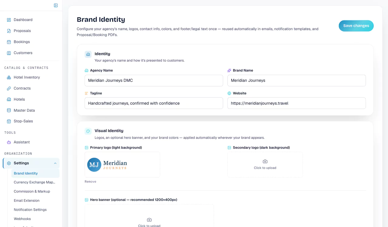 Brand identity settings: agency name, tagline, website, logos, brand colours and contact details used on everything customers see.