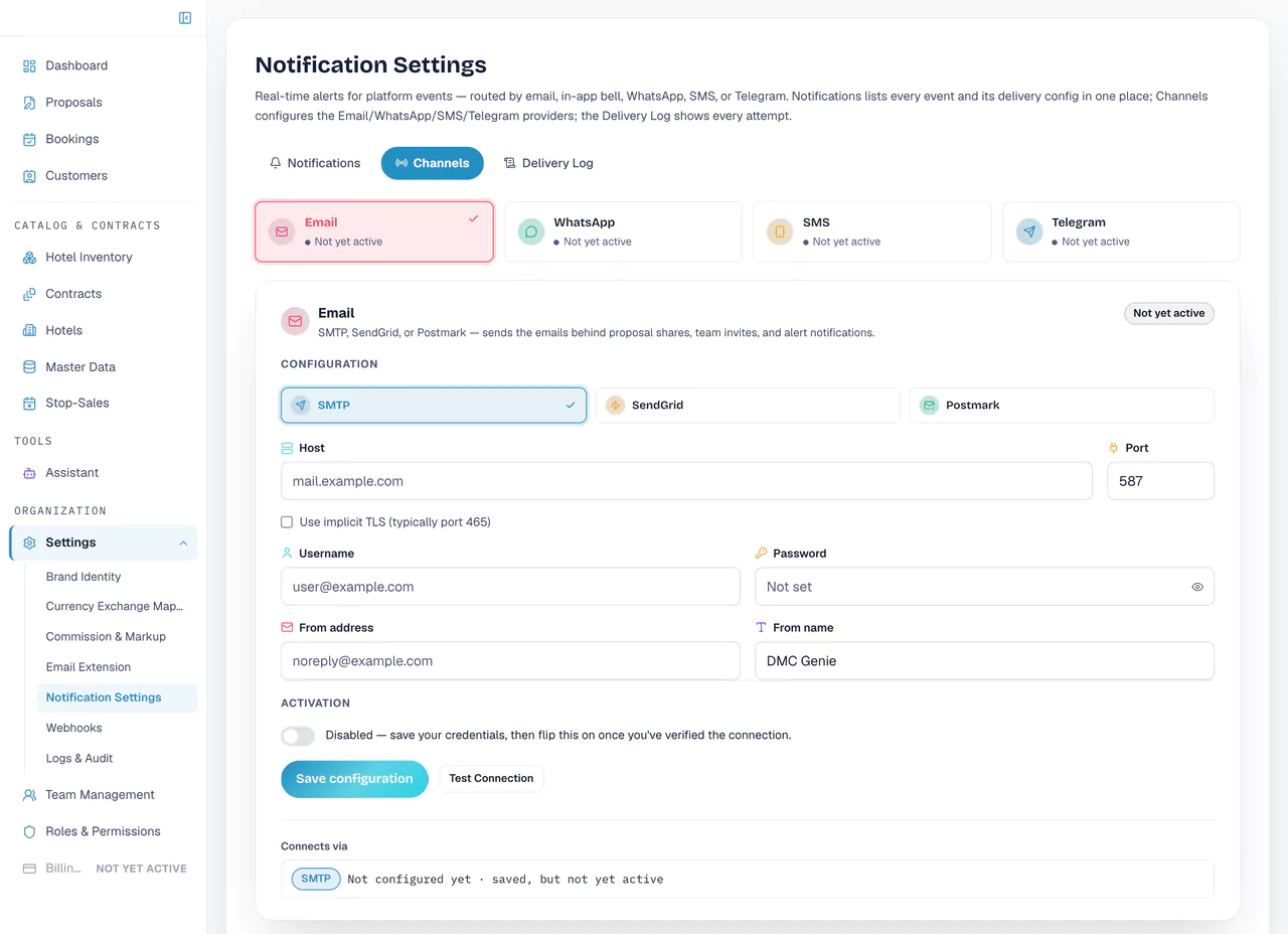 Notification channels: email, WhatsApp, SMS and Telegram, with the outbound email provider set up as SMTP, SendGrid or Postmark.