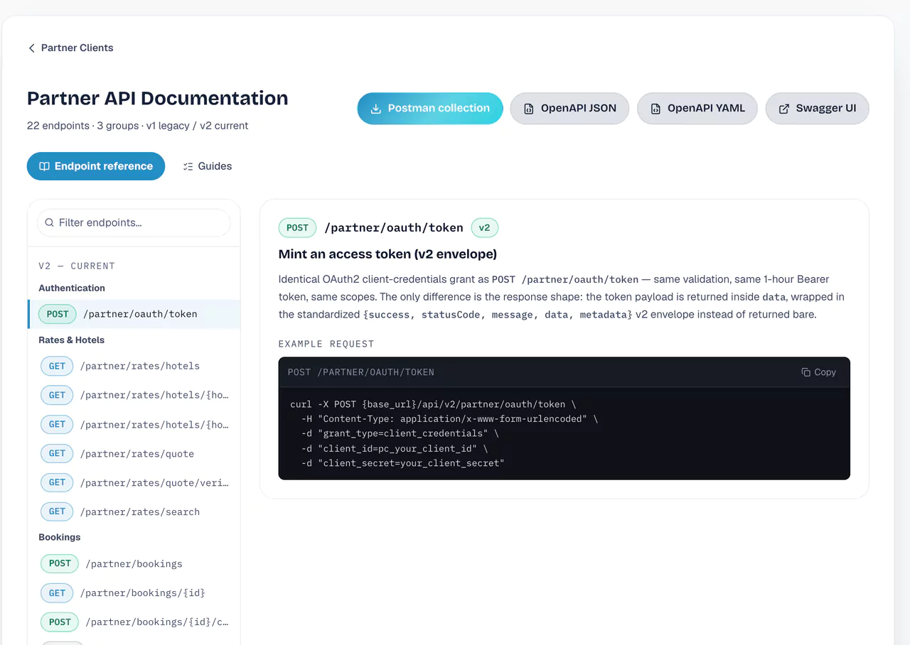 Partner API documentation: endpoint reference grouped into authentication, rates and hotels, and bookings, with an example token request and downloads for a Postman collection and OpenAPI files.