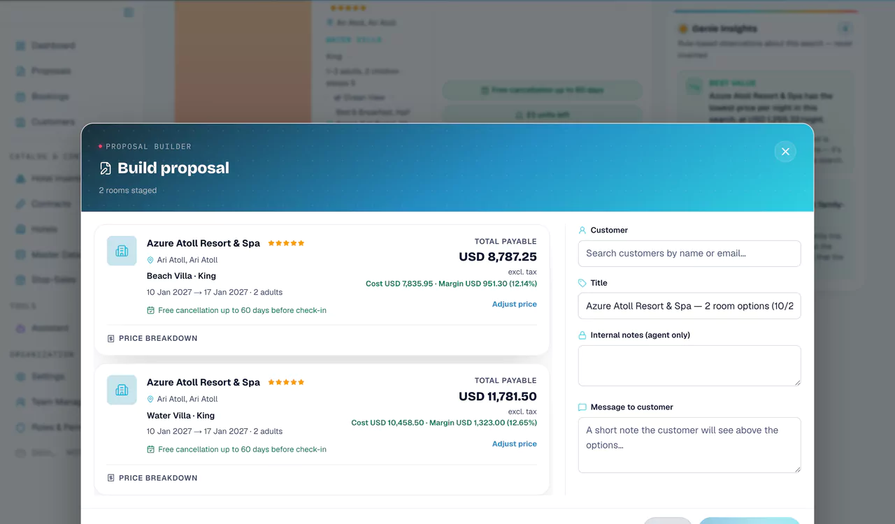 The Build proposal dialog with two priced room options from search, a customer picker, a title and a message to the customer.