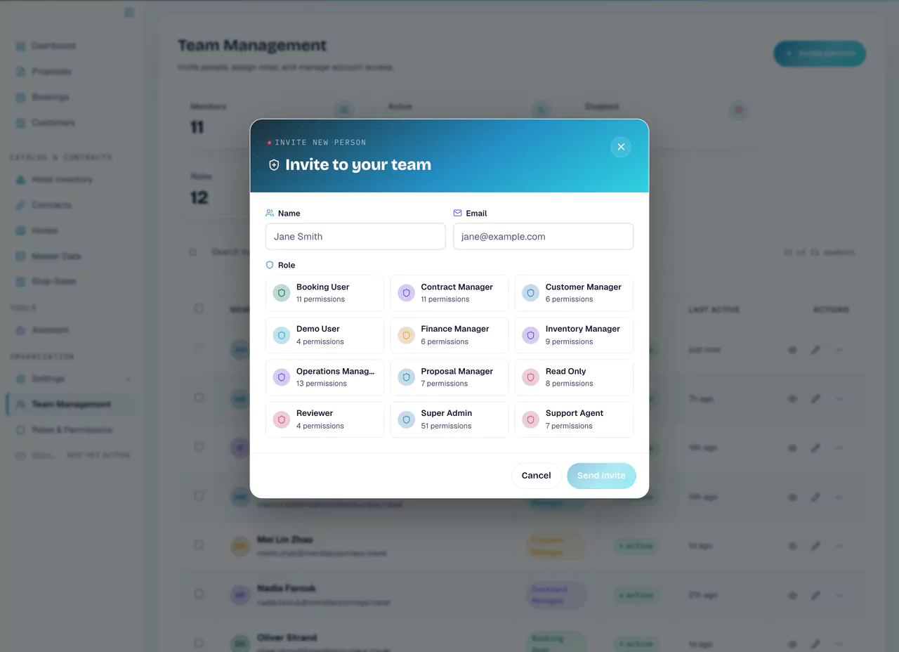 The Invite to your team dialog with name, email and a choice of role.