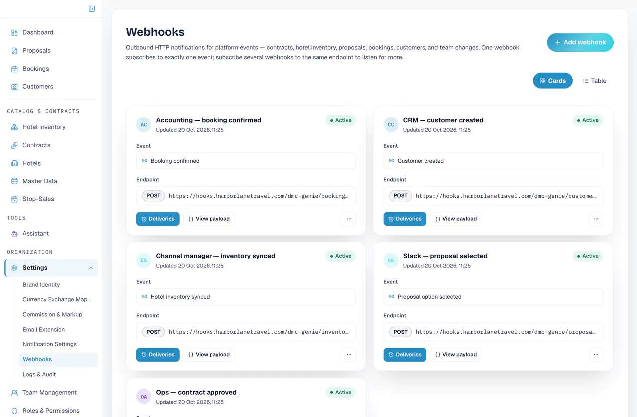 Webhooks: outbound HTTP notifications for events such as booking confirmed, customer created, inventory synced and contract approved, each with its endpoint and delivery log.
